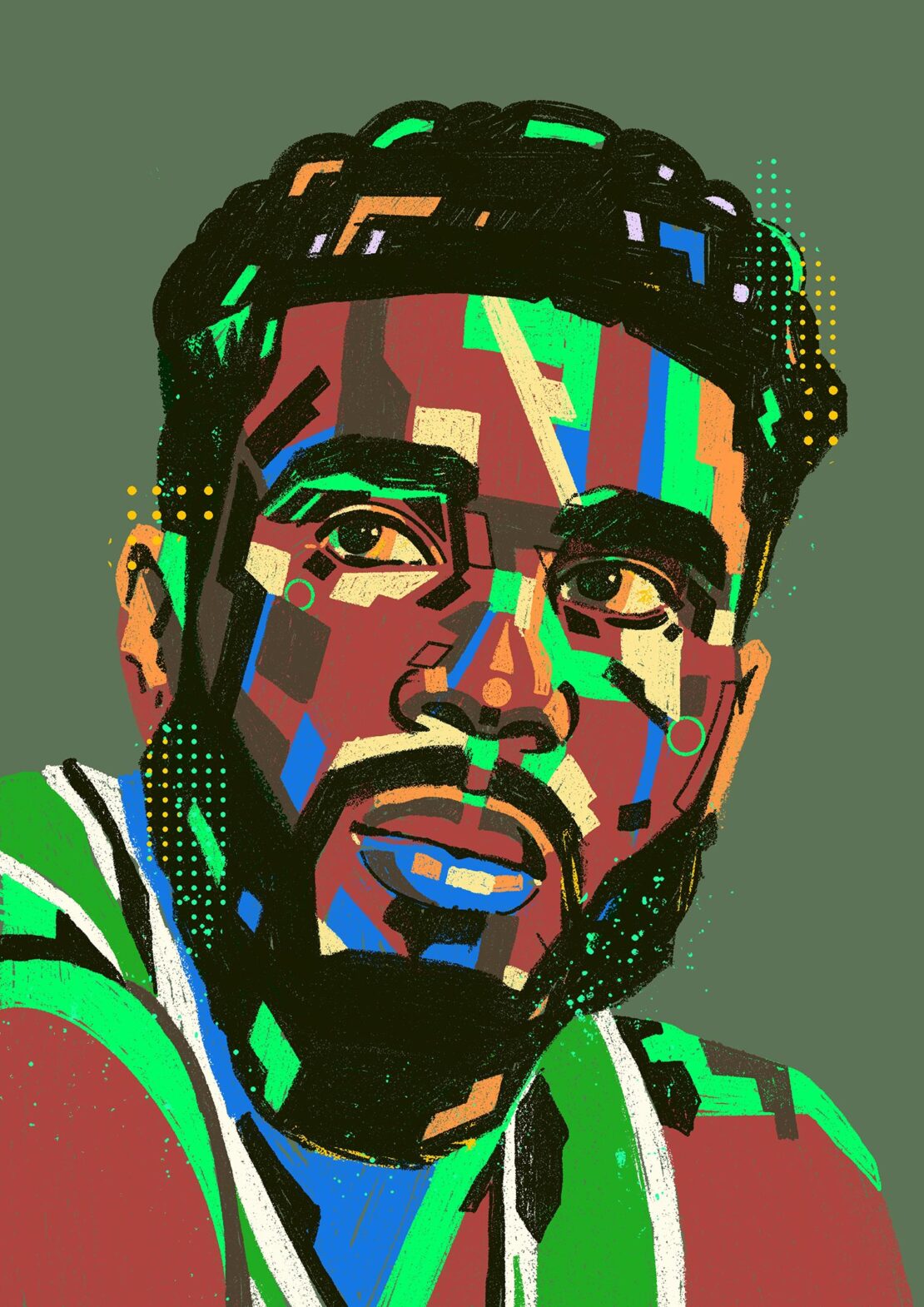 Illustration of an African American man with a beard, rendered in a vibrant, abstract style against a muted green background.