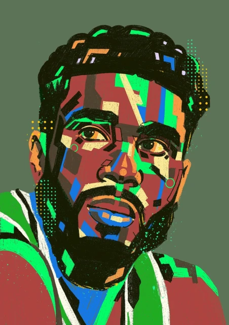 Illustration of an African American man with a beard, rendered in a vibrant, abstract style against a muted green background.
