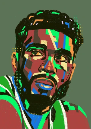 Illustration of an African American man with a beard, rendered in a vibrant, abstract style against a muted green background.