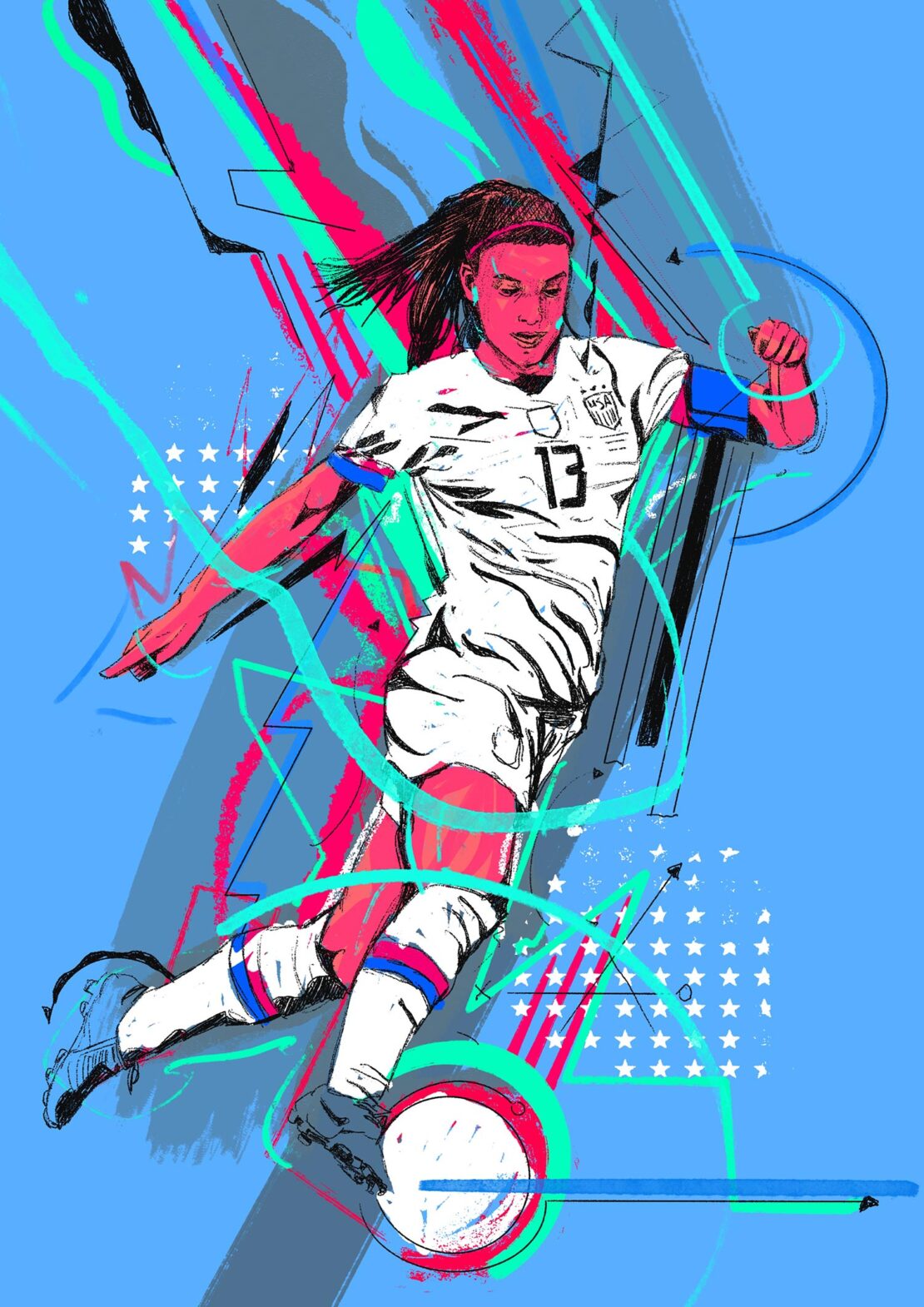 Illustration of female soccer player in action, wearing a USA jersey, with dynamic brush strokes and vibrant colors against a blue backdrop.