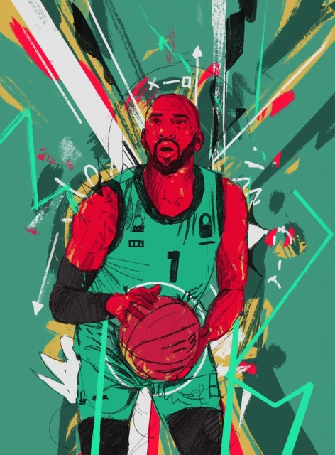 Illustration of an adult male basketball player with a ball wearing a jersey against a teal background with abstract graphics.