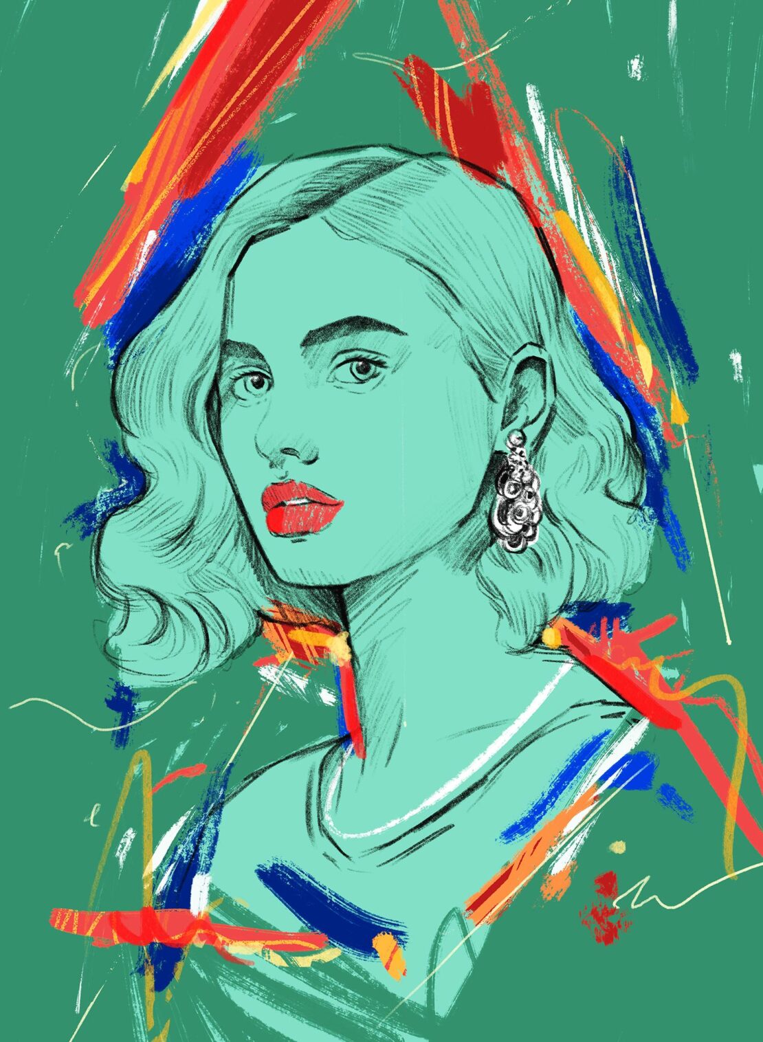 Illustration of a woman with wavy blonde hair, red lips, and dangling earrings on a green background with colourful abstract brushstrokes.