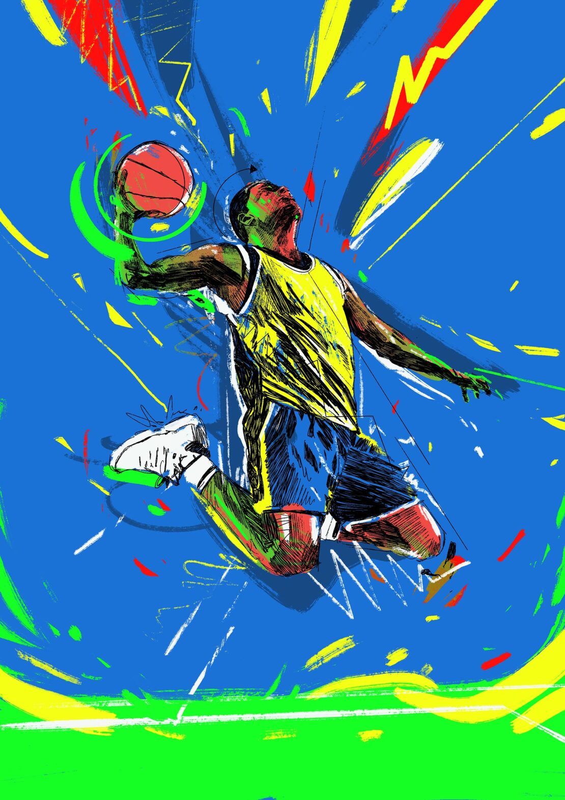 Illustration of a Black man in a yellow and blue jersey jumping to dunk a basketball, surrounded by colorful abstract lines and shapes.