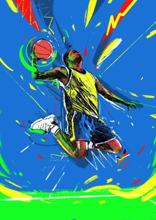 Illustration of a Black man in a yellow and blue jersey jumping to dunk a basketball, surrounded by colorful abstract lines and shapes.