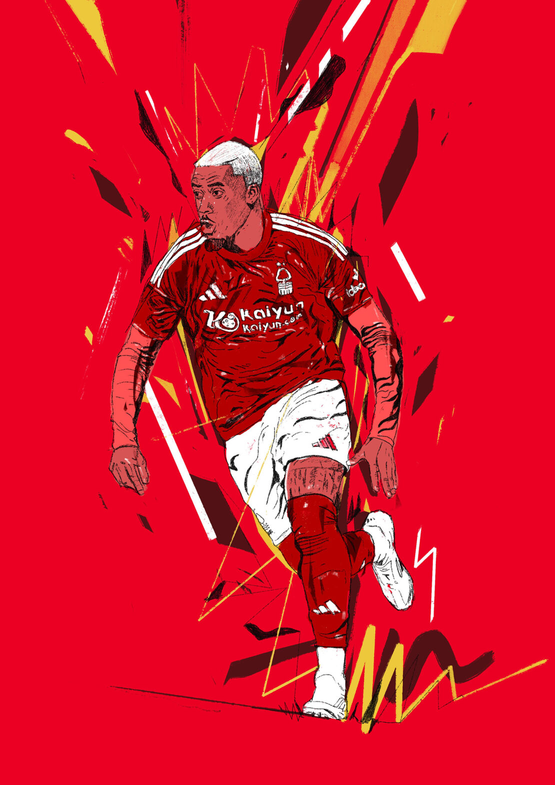 Illustration of a soccer player in a red and white uniform, depicted with dynamic lines and a splash of red in a graphic style.