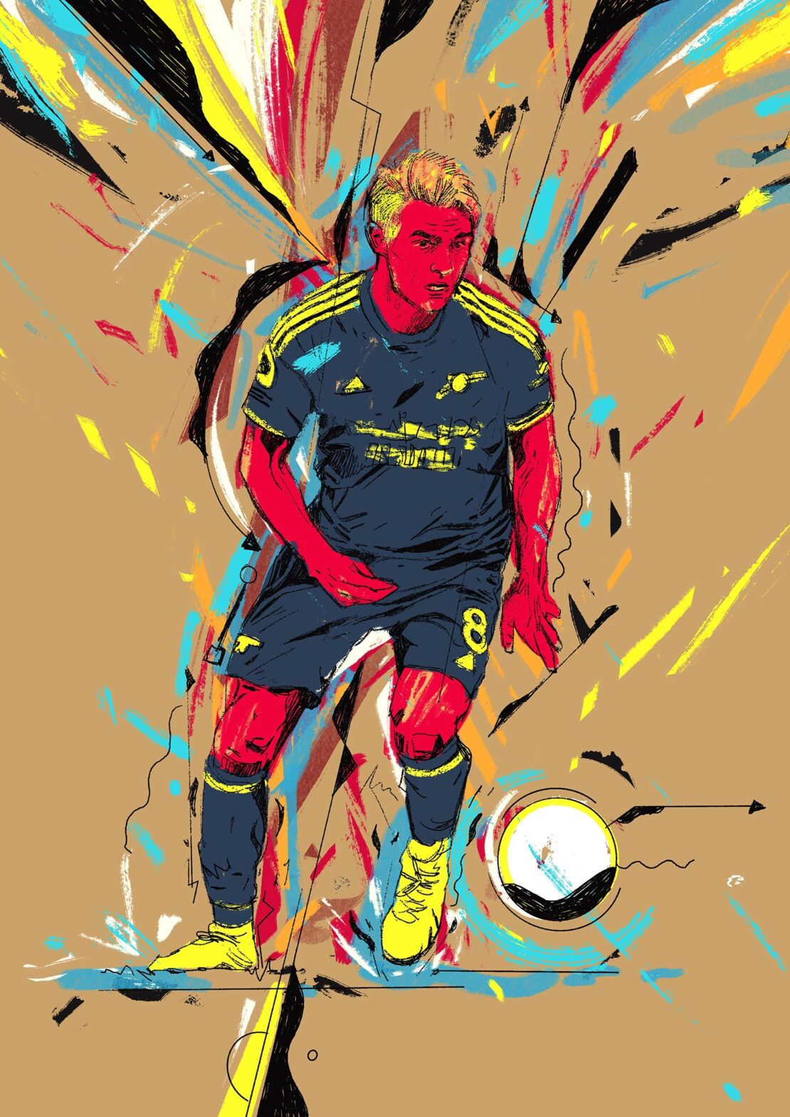 Illustration of a soccer player in uniform kicking a soccer ball, rendered with vibrant colors and dynamic linework against a tan background.