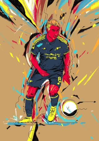 Illustration of a soccer player in uniform kicking a soccer ball, rendered with vibrant colors and dynamic linework against a tan background.