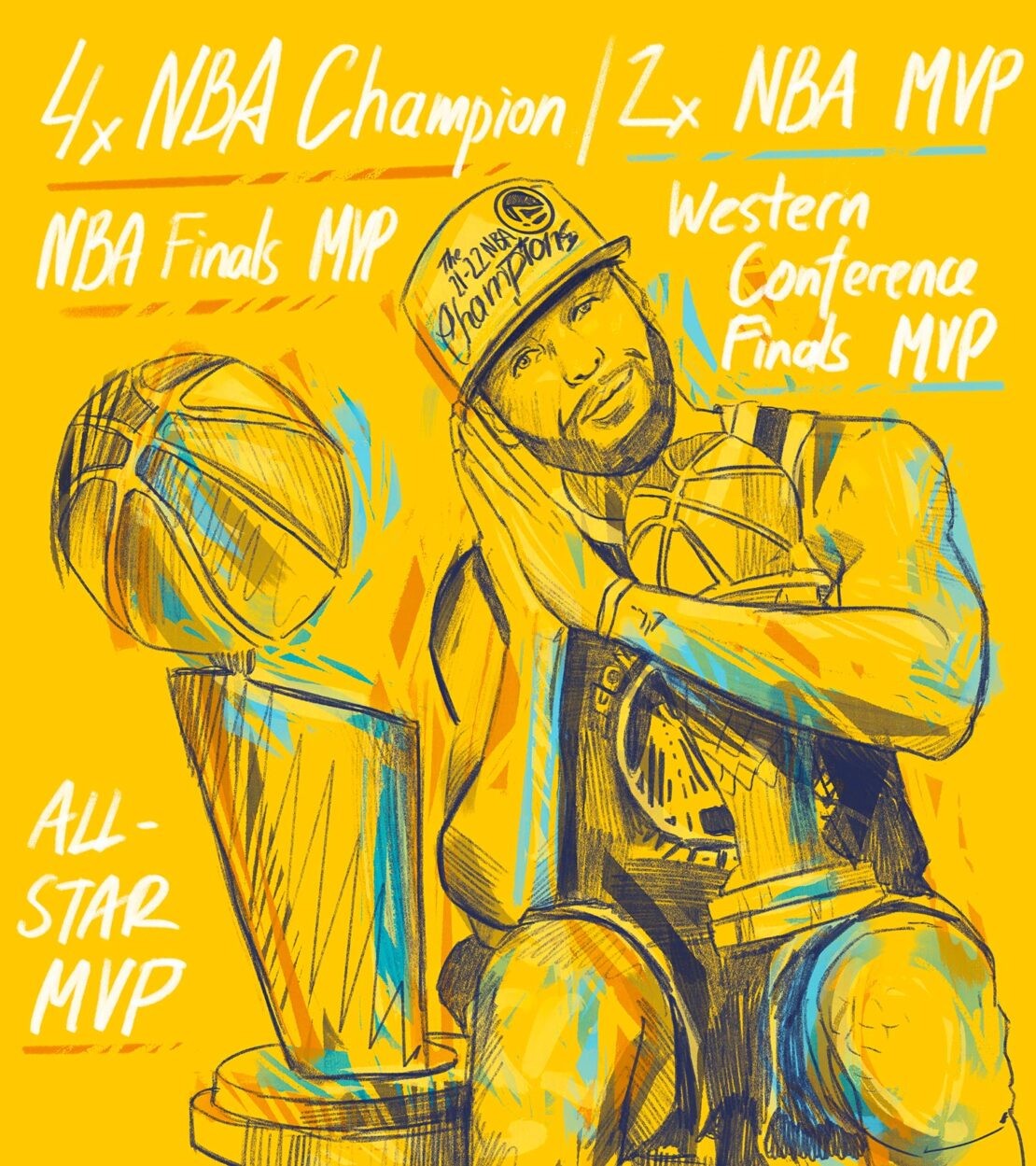 Illustration of a basketball player sitting next to the NBA championship trophy with award titles and logos against a yellow background.