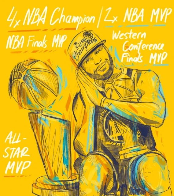 Illustration of a basketball player sitting next to the NBA championship trophy with award titles and logos against a yellow background.