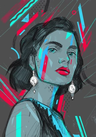 Portrait illustration of a woman wearing statement earrings against an abstract geometric background by Arunas Kacinskas