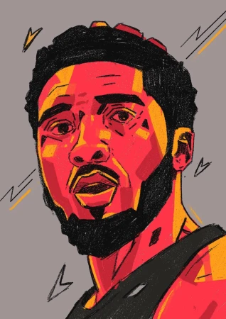 Portrait illustration of a Black man with a beard by illustrator Arunas Kacinskas featuring graphic red and yellow tones