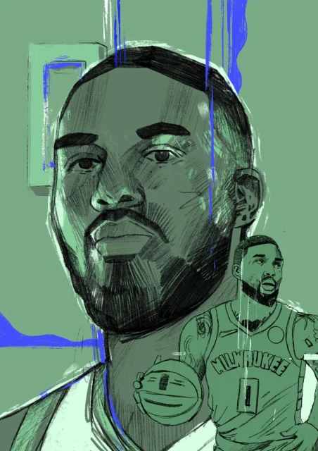 Illustration of an adult male basketball player wearing a jersey with the number 1, depicted in green, black, and blue hues.