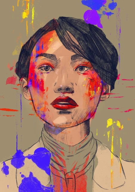 Illustration of a young woman with short hair and red lipstick, her face and clothing adorned with splatters of blue, red, and yellow paint.