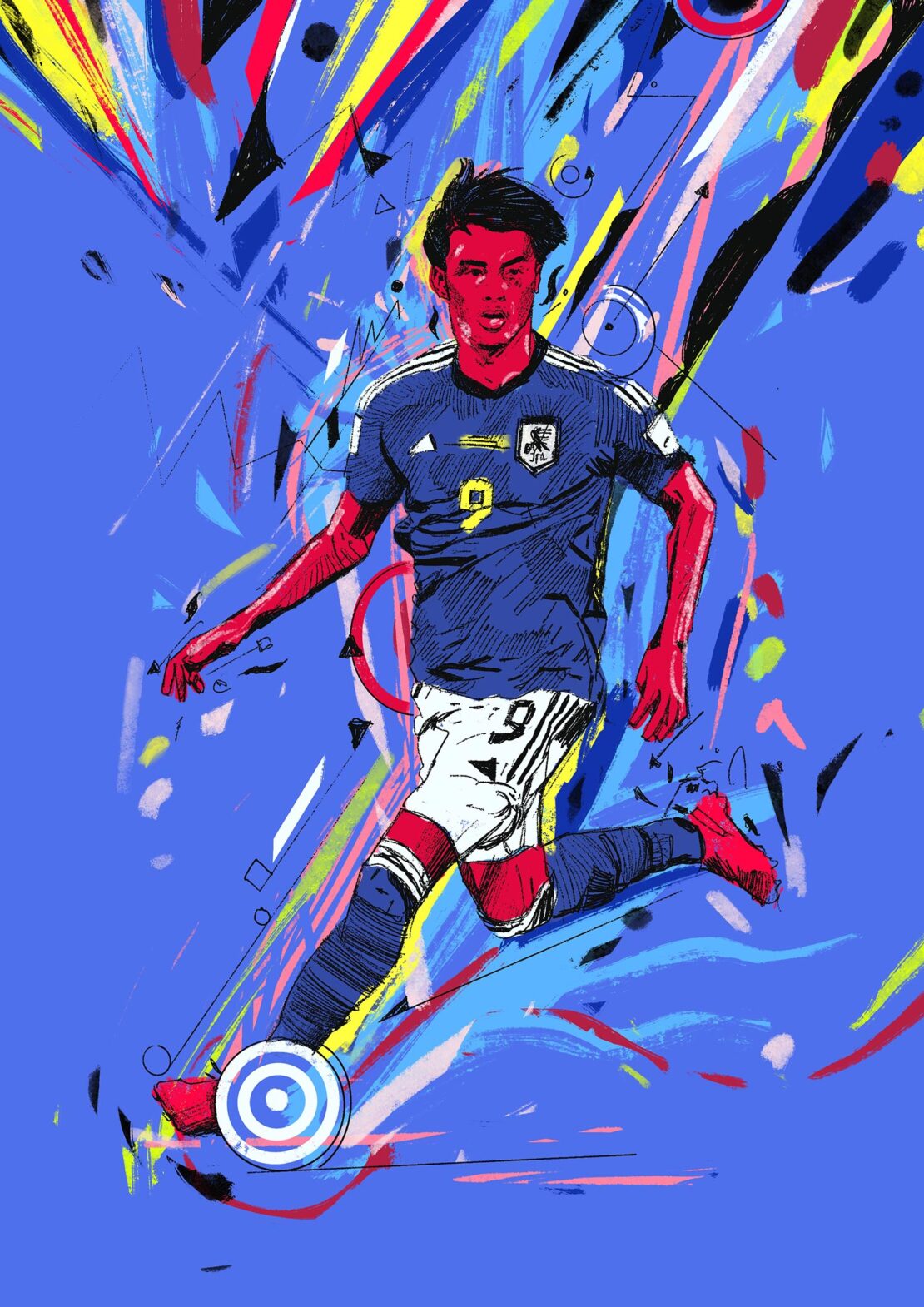 Dynamic illustration of a soccer player in motion, showcasing a blend of traditional art and digital techniques, set against a blue backdrop.
