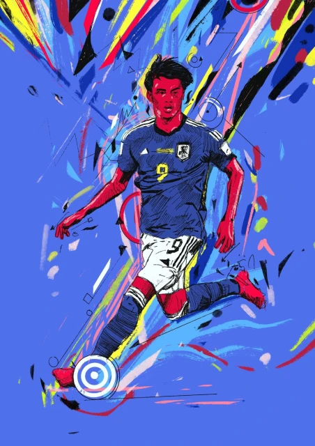 Dynamic illustration of a soccer player in motion, showcasing a blend of traditional art and digital techniques, set against a blue backdrop.