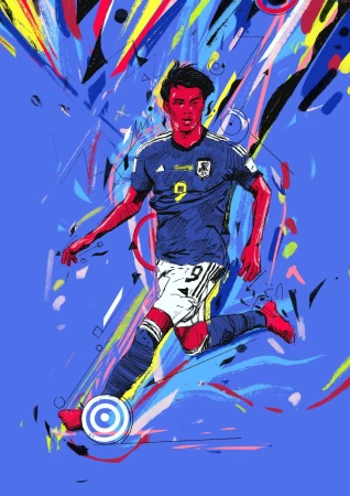 Dynamic illustration of a soccer player in motion, showcasing a blend of traditional art and digital techniques, set against a blue backdrop.
