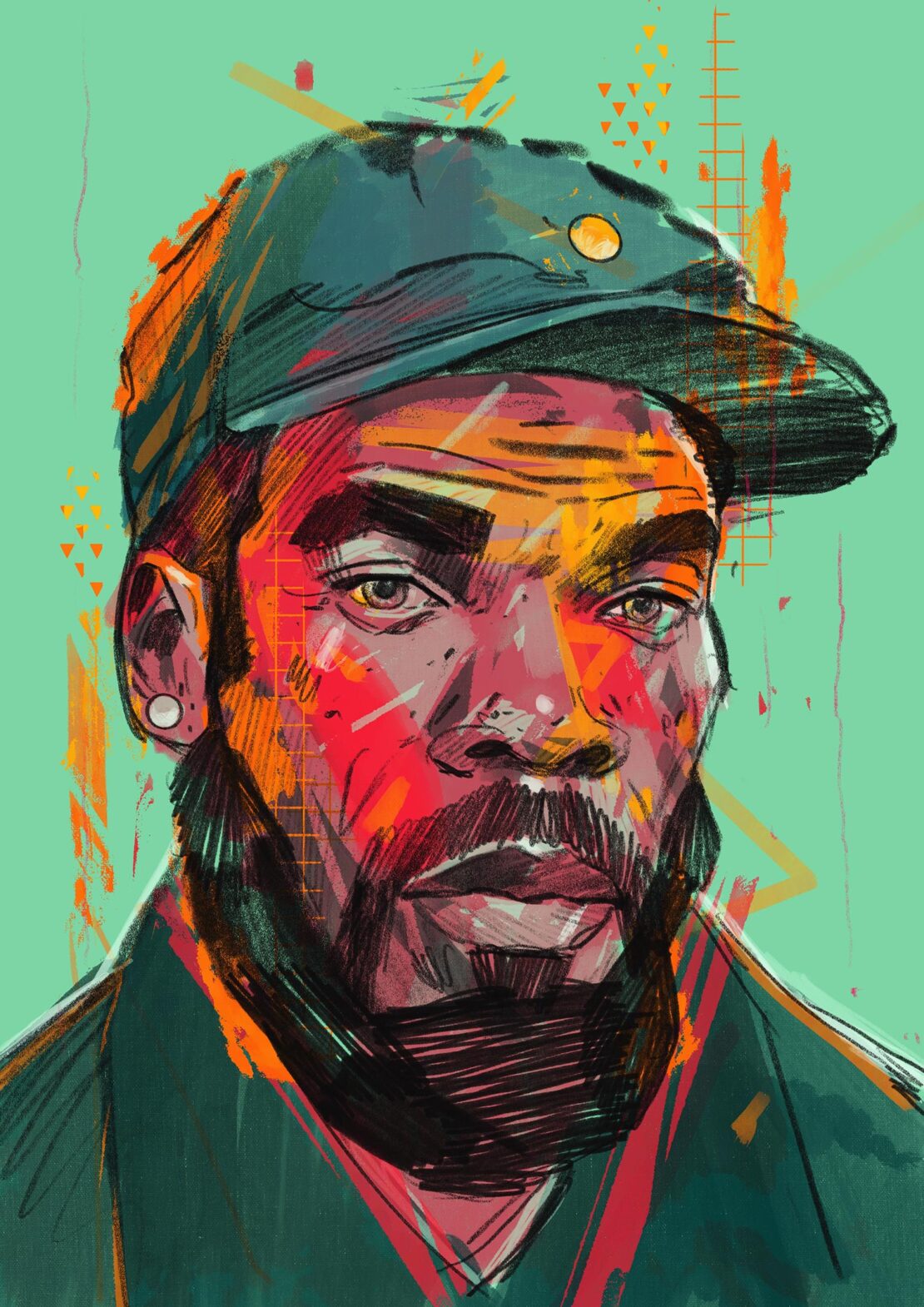 Illustration of an adult male with a beard and cap, depicted with orange, red, and pink brushstrokes against a light green background.