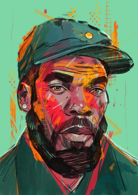 Illustration of an adult male with a beard and cap, depicted with orange, red, and pink brushstrokes against a light green background.