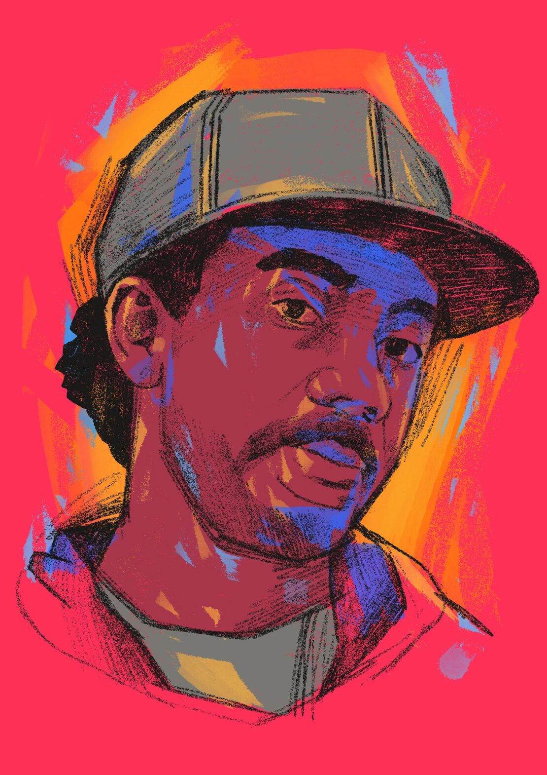 Illustration of an adult male with a moustache wearing a cap, looking towards the camera on a colourful background.