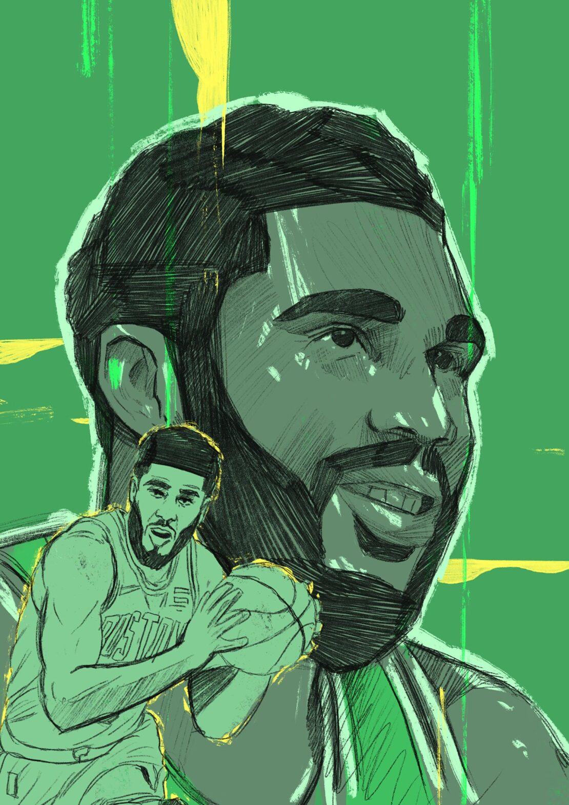 Illustration of basketball player in green and yellow tones, dribbling the ball, with an overlapping face in the background.