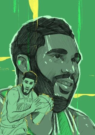 Illustration of basketball player in green and yellow tones, dribbling the ball, with an overlapping face in the background.