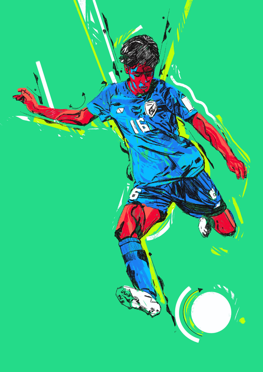Illustration of a male soccer player in blue uniform kicking a white soccer ball on a vibrant green background with abstract accents.