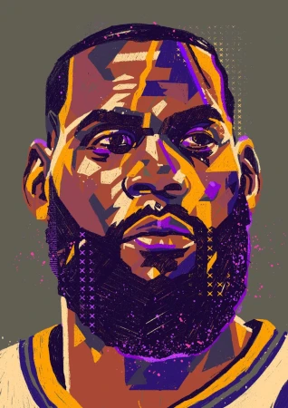 Digital illustration portrait of LeBron James with geometric facets in purple, gold, and orange against a dark background