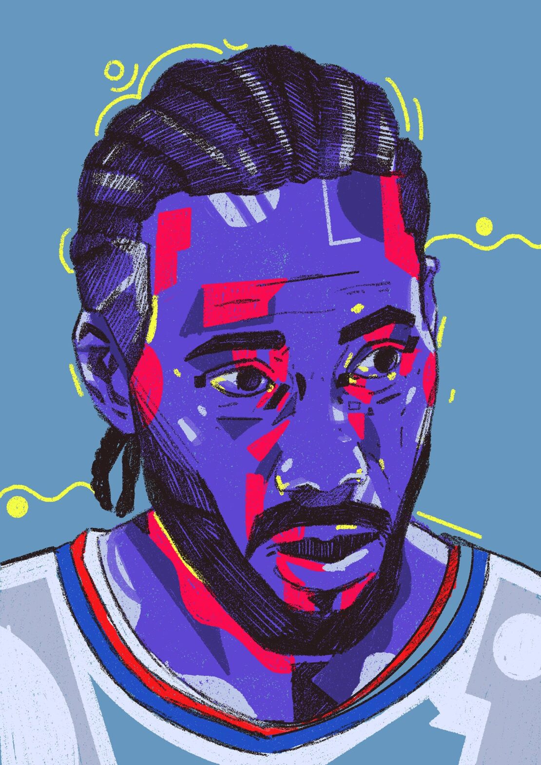 Artistic rendering of an African-American man with braided hair, featuring a digital painting style with vibrant purple, blue, and red tones.