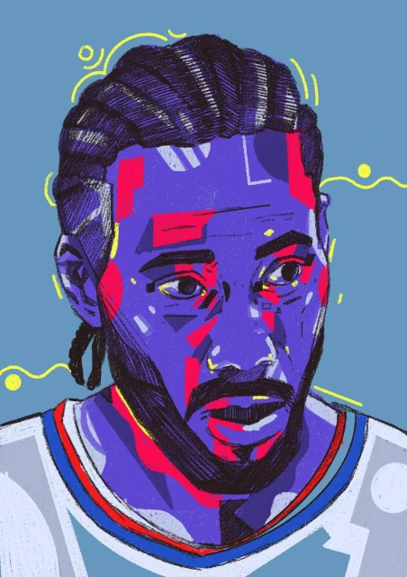 Artistic rendering of an African-American man with braided hair, featuring a digital painting style with vibrant purple, blue, and red tones.