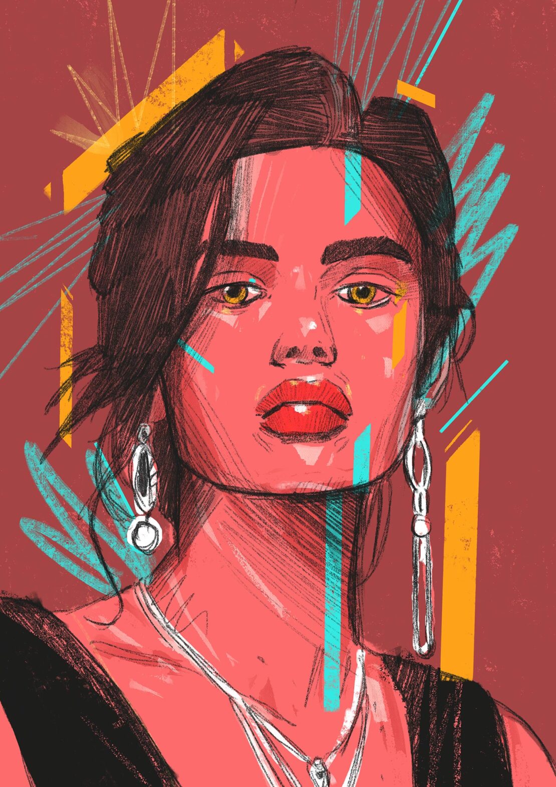 Illustration of a woman with dark hair and red lipstick, wearing jewelry, against a maroon background with geometric shapes.