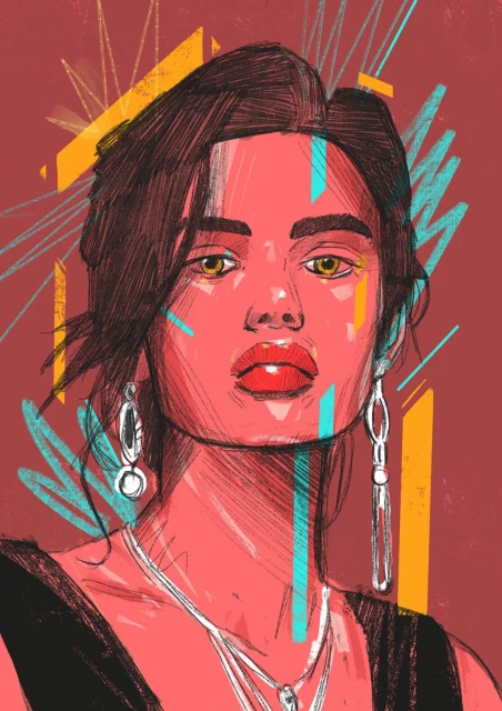 Illustration of a woman with dark hair and red lipstick, wearing jewelry, against a maroon background with geometric shapes.