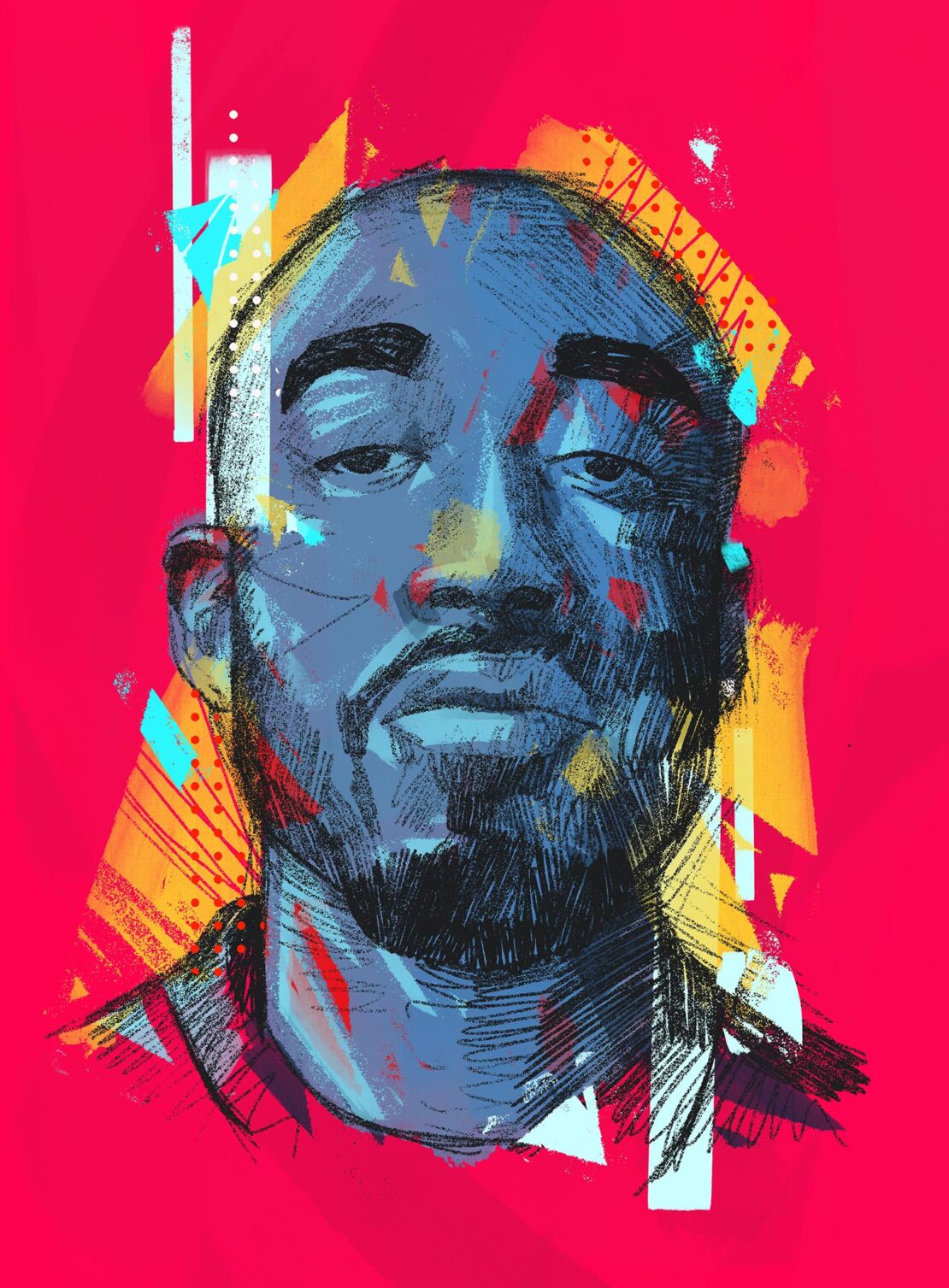 Illustration of an adult man with a shaved head and beard in cool tones against a red background with abstract shapes.