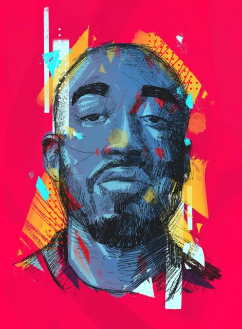 Illustration of an adult man with a shaved head and beard in cool tones against a red background with abstract shapes.