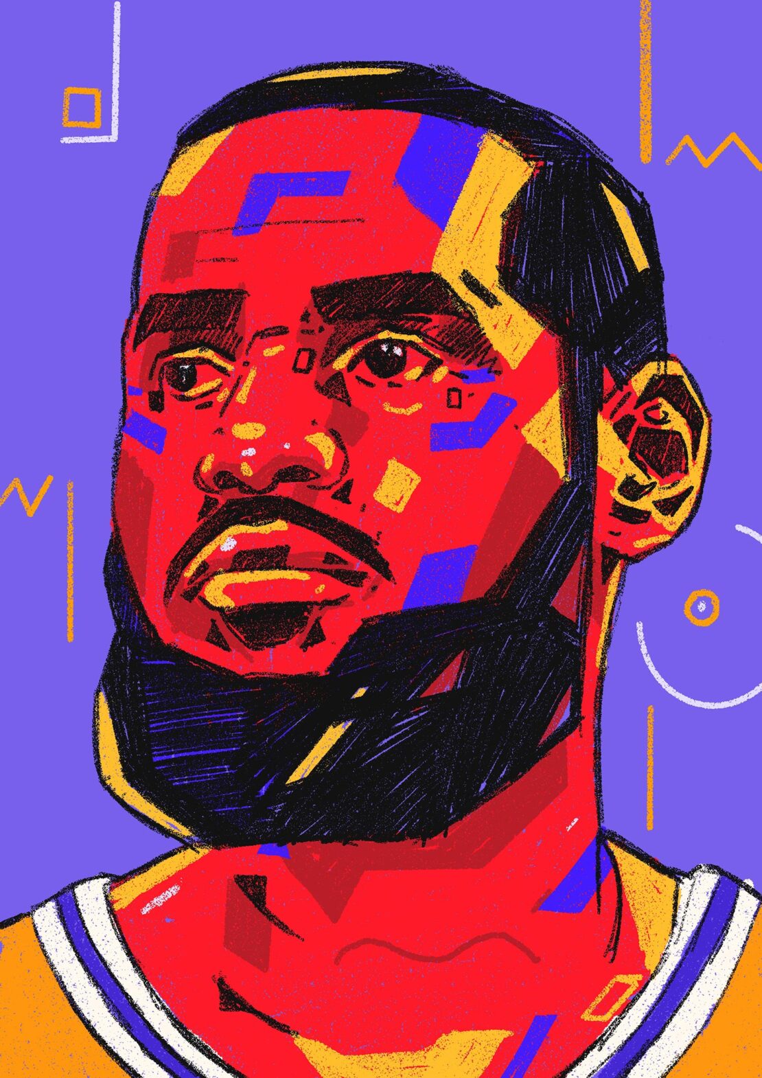 Colorful portrait illustration of LeBron James by Arunas Kacinskas featuring bold geometric shapes and vibrant red and yellow tones.