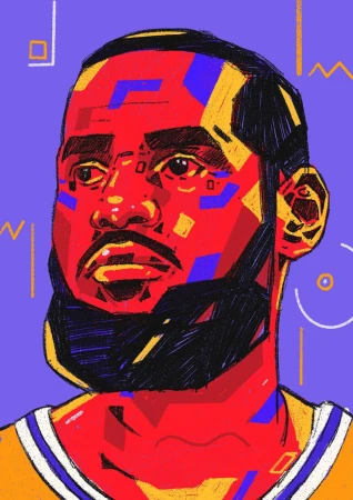 Colorful portrait illustration of LeBron James by Arunas Kacinskas featuring bold geometric shapes and vibrant red and yellow tones.