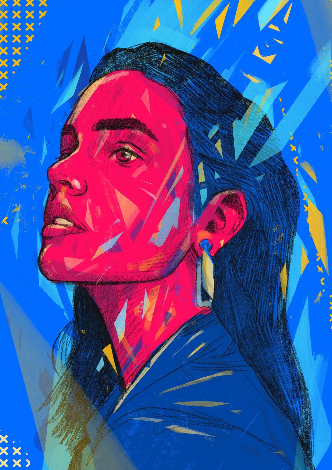 Illustration of a woman with pink skin and dark hair, looking upwards against a blue background with geometric shapes and textures.