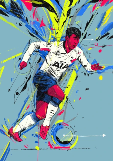 Digital artwork of a soccer player in mid-run, wearing a jersey with the logo 'AIA,' against a vibrant background of abstract shapes and colors.