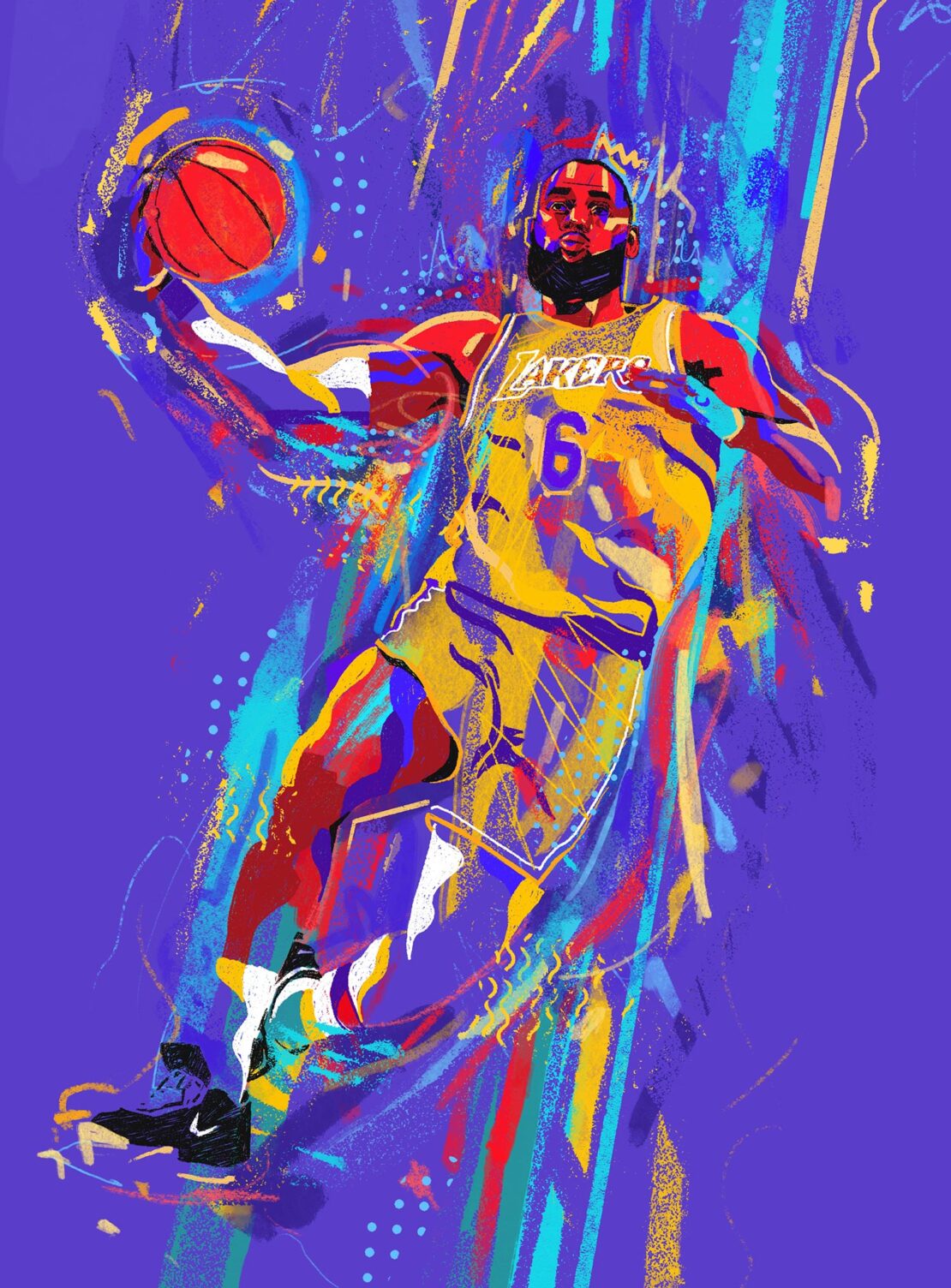 Illustration of basketball player LeBron James in Lakers jersey mid-action, holding a ball, set against a dynamic purple backdrop.
