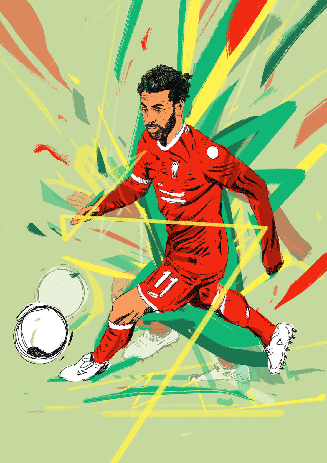 Illustration of soccer player in red uniform kicking a ball on light green background with abstract green, yellow, and orange shapes.