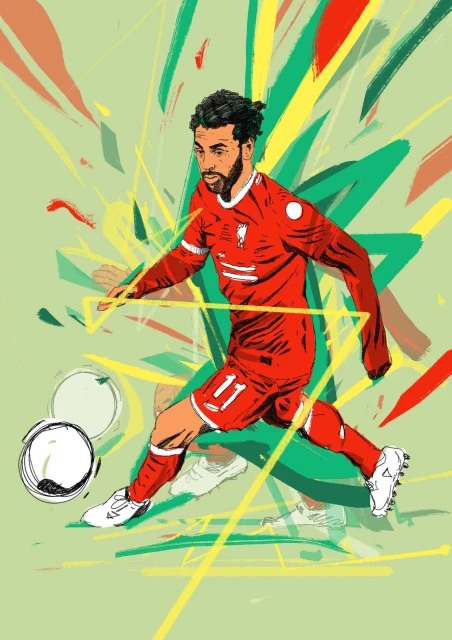 Illustration of soccer player in red uniform kicking a ball on light green background with abstract green, yellow, and orange shapes.