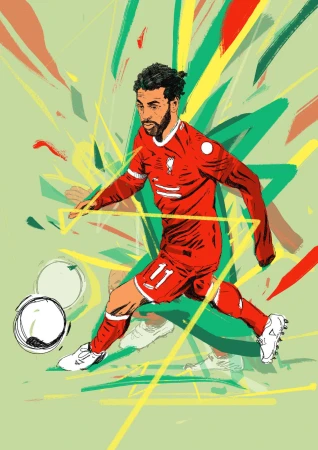Illustration of soccer player in red uniform kicking a ball on light green background with abstract green, yellow, and orange shapes.
