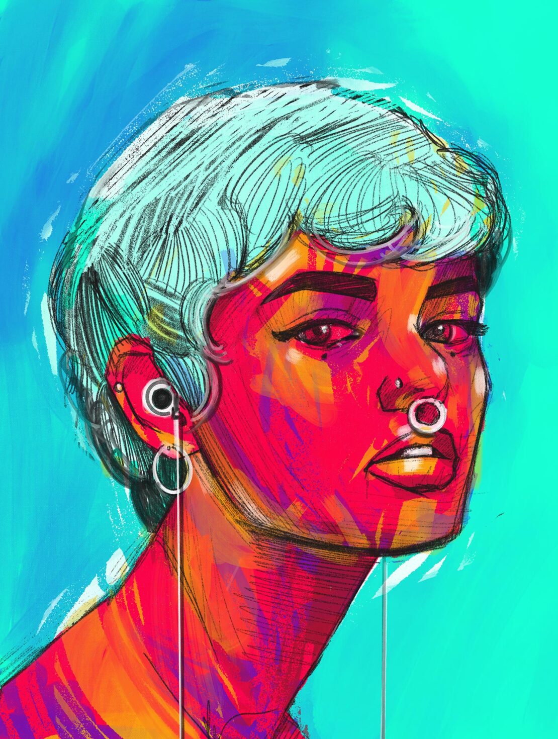Illustration of a person with short, light-colored hair, multiple piercings, and red-toned skin against a blue and teal background.