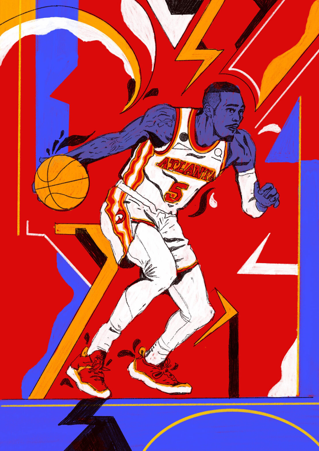 Illustration of a basketball player in action, wearing an Atlanta Hawks jersey and dribbling a ball, set against a bold red and blue background.