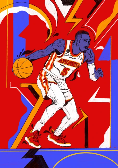 Illustration of a basketball player in action, wearing an Atlanta Hawks jersey and dribbling a ball, set against a bold red and blue background.