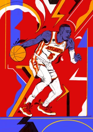 Illustration of a basketball player in action, wearing an Atlanta Hawks jersey and dribbling a ball, set against a bold red and blue background.