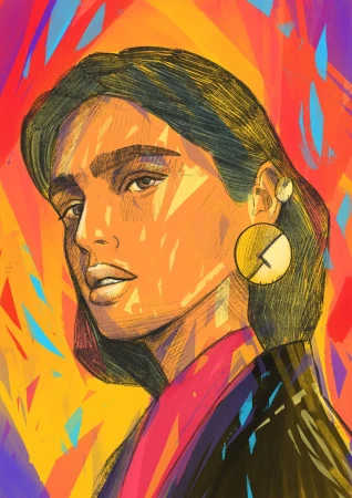Illustration of a woman with dark hair, wearing statement earrings. The background features abstract shapes in vibrant colors.