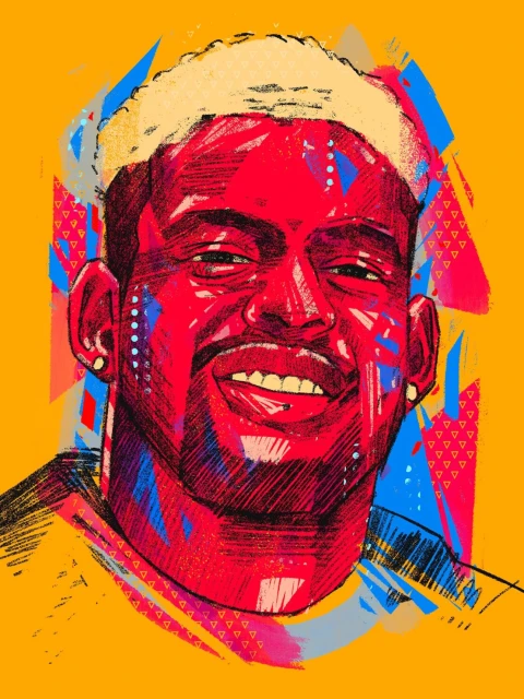 Illustration of a smiling adult male with dyed blonde hair on an orange background with blue and pink abstract geometric shapes.