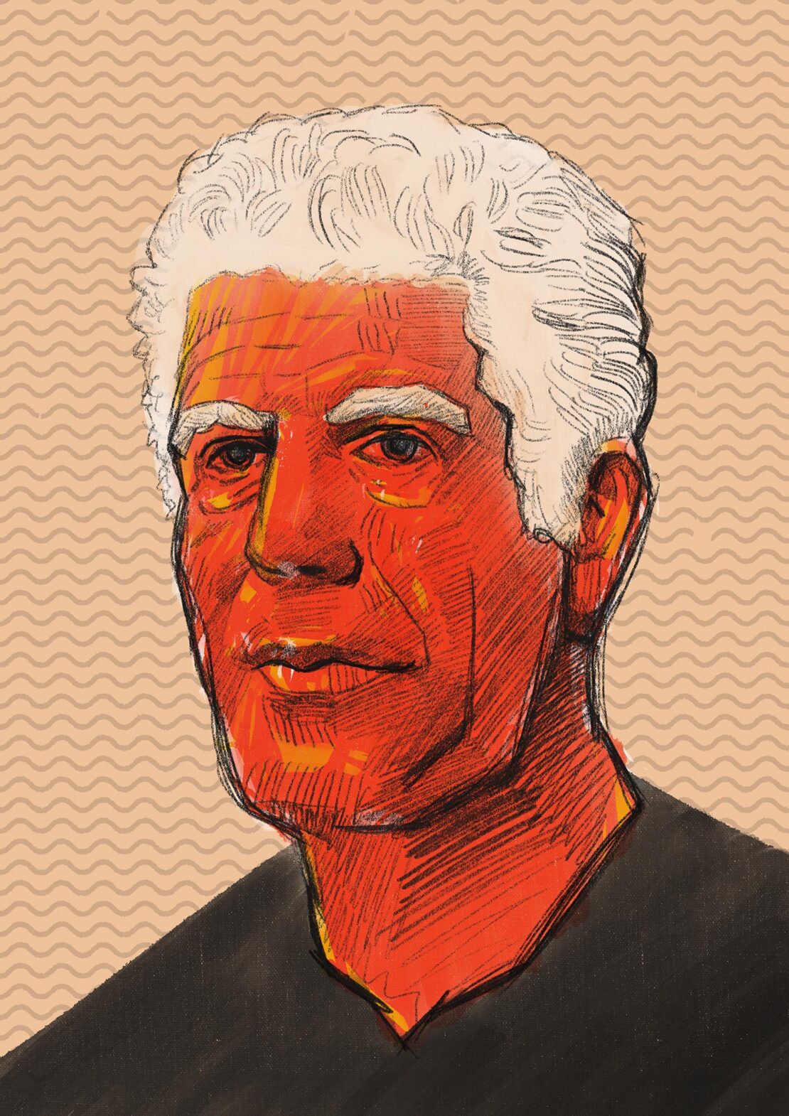 Illustration of an adult male with fair skin and gray hair wearing a black shirt, rendered in a hand-drawn style on a tan background.