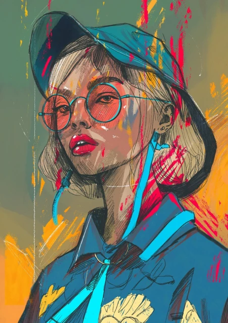 Illustration of a woman with glasses and a hat, showcasing a vibrant color palette and a unique artistic style, portrait orientation.