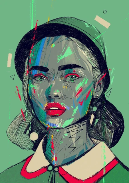Illustration of a woman wearing a dark green bucket hat and green top with red trim against a light green background.